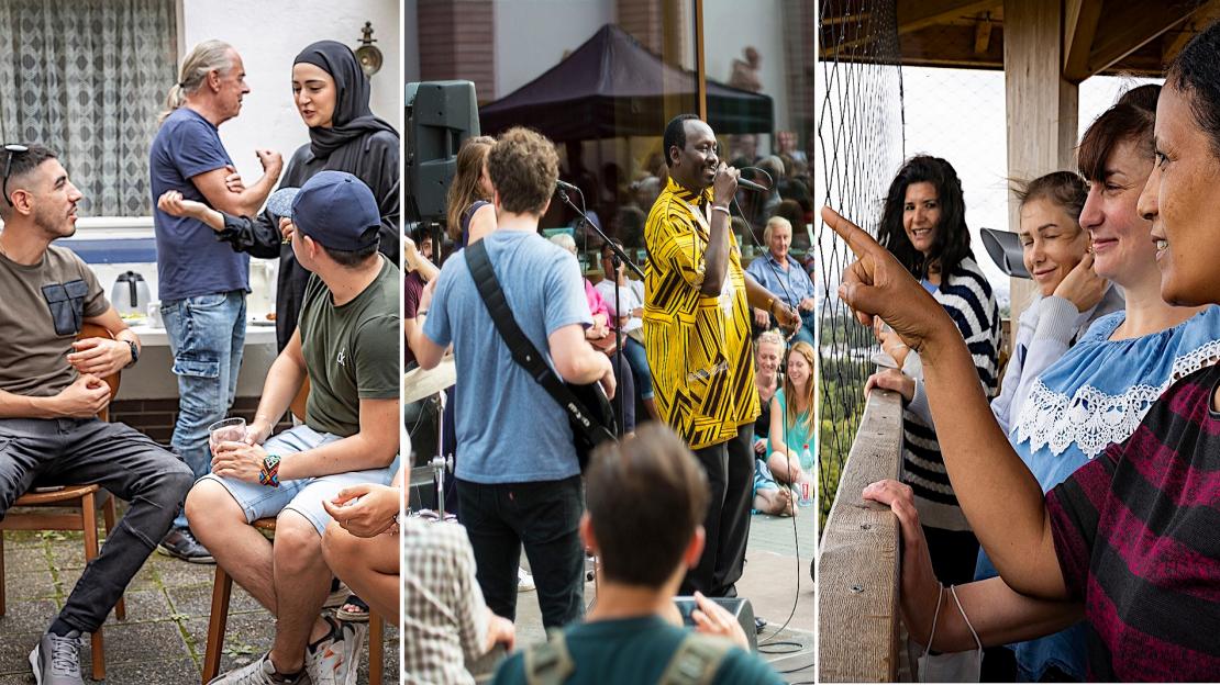 Bilder von drei der Integrsationspreis-Träger 2021 und 2022: Der Verein Abá bei einem Treffen, das interkulturelles Musikprojekt "Bridges" bei einem Konzert und das "Mädchenbüro Milena" bei einem Ausflug auf den Goetheturm.